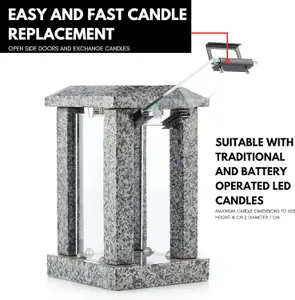 Large Square Granite Memorial Grave Lantern (32cm) - Grey Graveside Memorial Gift - Funeral Cemetery Decoration - Grave Ornaments