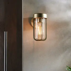 Brushed Gold Outdoor Wall Light with Clear Glass Shade - IP44 Rated - LED Bulb