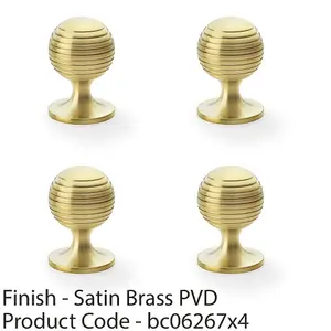 4 PACK - Reeded Ball Door Knob - 38mm Diameter Satin Brass Lined Cupboard Pull Handle