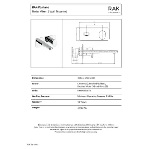 RAK Positano Brushed Gold Modern Basin Wall Mounted Sink Mixer Tap Solid Brass