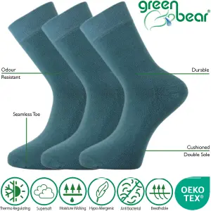 Green Bear Unisex Bamboo TEAL Colour Socks-size 9-11 Cushioned Sole - Soft & Antibacterial - 3 Pack