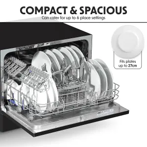 Baridi Compact Tabletop Dishwasher 6 Place Settings, 6 Programmes - Black