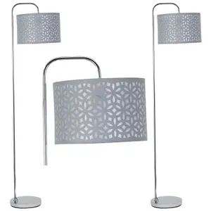 First Choice Lighting Set of 2 Chrome Arched Floor Lamps with Grey Laser Cut Shades