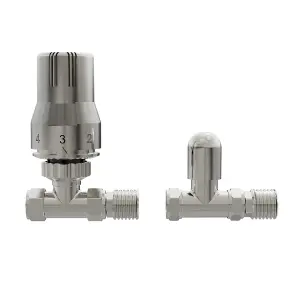 Rinse Bathrooms Straight Thermostatic Radiator Valve TRV + Lockshield 15mm Satin Nickel