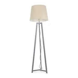 ValueLights Lottie Grey Wood Tripod Floor Lamp with Beige Tapered Shade - LED Bulb Included