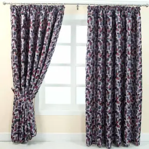 Homescapes Red and Blue Jacquard Curtain Abstract Design Fully Lined - 46" X 90" Drop