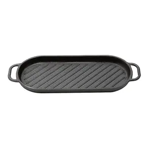 43 x 16 cm Black Oval Cast Iron Grill Pan with Handles