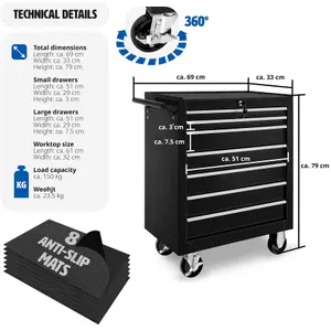 Tool Box - with wheels, 7 drawers, central locking system - black