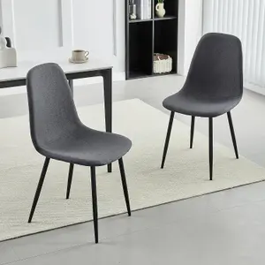 Set of 2 Dark Grey Linen Fabric Dining Chairs with Upholstered Seat and Metal Legs-Bella by MCC