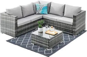 ECASA 5 Seater Rattan Garden Furniture Sofa Set With Light Grey Cushions & Coffee Table + FREE RAIN COVER