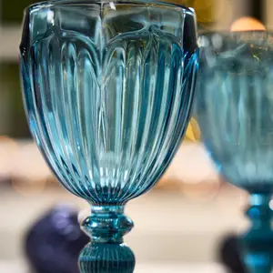 Set of 4 Luxury Embossed Blue Drinking Wine Glass Wine Goblets 280ml