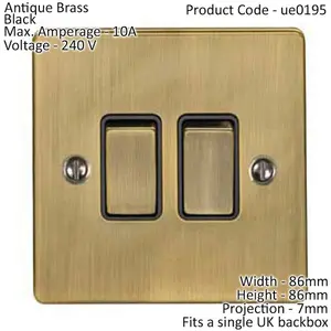 2 Gang Double Light Switch ANTIQUE BRASS 2 Way 10A Black Trim & Metal Rocker