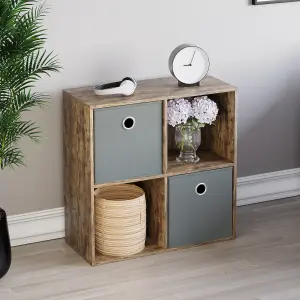 Vida Designs Durham Dark Wood 2x2 Cube Storage Unit & Set of 2 Grey Foldable Cube Storage Baskets