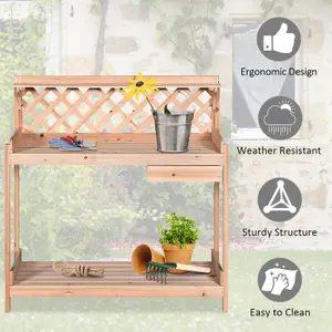 Outsunny Outdoor Wood Potting Table Garden Plant w/ Drawer, Hook, Slatted Shelf