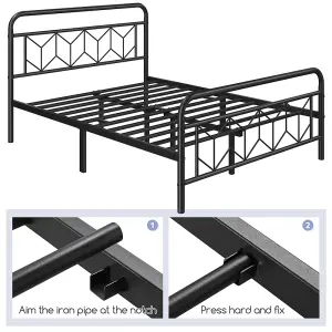 Yaheetech Black 4ft6 Double Metal Bed Frame with Diamond Pattern Headboard and Footboard