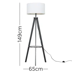 ValueLights Morrigan Grey Wood Tripod Design Floor Lamp with Storage Shelf & White Drum Shade - Includes 6w LED Bulb 3000K