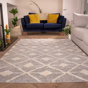 Grey White Diamond Geometric Plush Scandi Area Rug 200x290cm