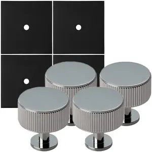 4 PACK - Cabinet Door Knob & Contrasting Backplate Set - Reeded Kitchen Pull - Polished Chrome & Black