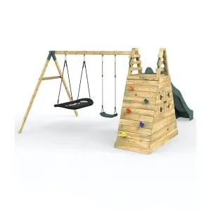 Rebo Wooden Pyramid Activity Frame with Swings and 10ft Water Slide - Rainbow