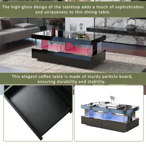 Coffee Table for Living Room, High Gloss Tea Table with 16-Color LED Lights, 2 Drawers and Open Storage Space,  Black