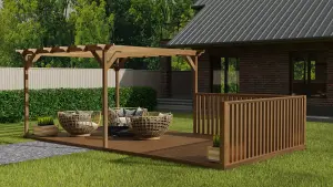 Rectangular pergola and decking kit with balustrade V.6, 3.6m x 4.2m, Rustic brown finish