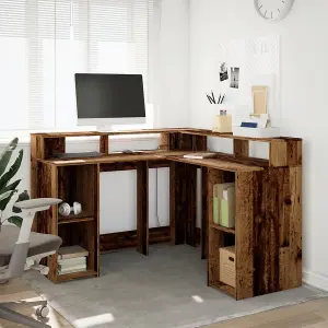 Berkfield Desk with LED Lights Old Wood 130x130x91 cm Engineered Wood