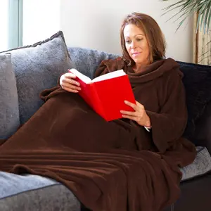 Chocolate Snug Rug Deluxe Blanket With Sleeves Luxury Cosy Super Soft Coral Fleece Fabric Long Oversized Pouch Pocket Adults