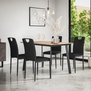 Haydon Extending Dining Table And Chairs -  Oak Effect Table Top w Black Legs + Monza Faux Leather Dining Chair Set Of 6 (Black)