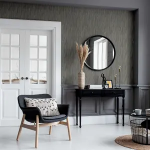 Japandi Grasscloth Charcoal Gold Wallpaper