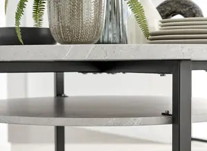 Adley Grey Concrete Effect And Black Round Dining Table with Storage Shelf 4 Mustard Lorenzo Chairs for Modern Sleek Dining Room