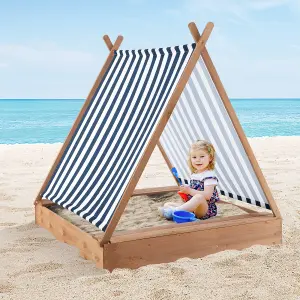 Costway Outdoor Kids Sandbox 124 x 123cm Wooden Cabana Sand Pit w/ 2 Seats & Cover