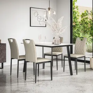 Haydon Extending Dining Table + Chairs- White Marble Effect Table Top w Black Legs + Monza Linen Dining Chair Set Of 4 (Beige)