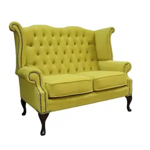 Chesterfield 2 Seater High Back Sofa Amalfi Buttercup Yellow Velvet Fabric In Queen Anne Style