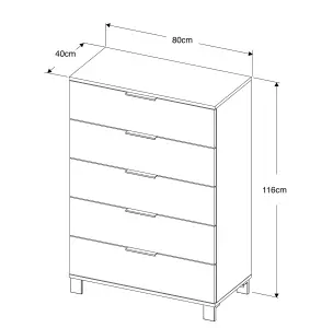 Furneo Modern White 5 Drawer Chest of Drawers Cabinet Storage Pine Effect Cozy 05