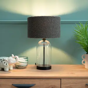 ValueLights Jessy Glass and Black Metal Bedside Table Lamp with a Charcoal Grey Lampshade - Bulb Included