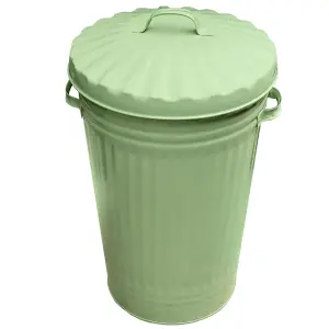 Sage Green Metal Bin Retro Galvanised Dustbin Vintage Style Steel Bin - 45L