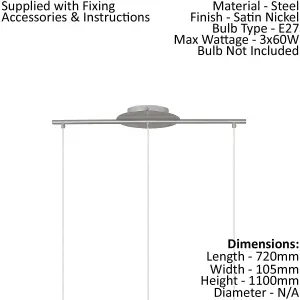 Ceiling Pendant Light & 2x Matching Wall Lights Satin Nickel & Glass Triple Lamp