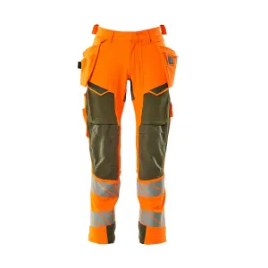 Mascot Accelerate Safe Trousers with Holster Pockets - Hi-Vis Orange/Moss Green   (30.5) (Leg Length - Long)