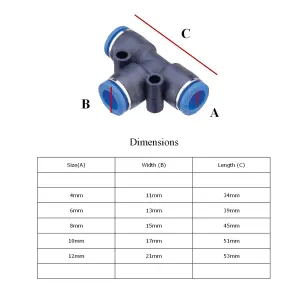 2 x T Piece Connectors 12mm Speed Push Fit for Pneumatic Air, Water & Fuel Hoses