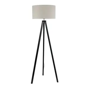 ValueLights Barbro Black Wood Tripod Floor Lamp with Natural Linen with White Trim Drum Shade