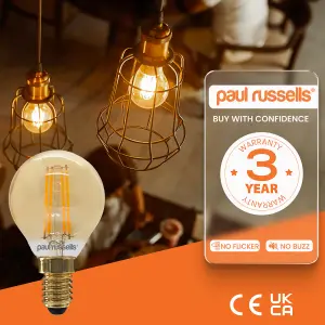 paul russells LED Filament Dimmable Golf Bulb, SES E14, 4.5W 423 Lumens, 40w Equivalent, 2200K Extra Warm White, Pack of 3