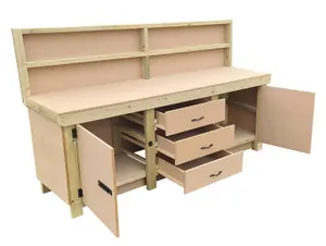 Wooden work bench with drawers and double lockable cupboard (V.8) (H-90cm, D-70cm, L-210cm) with back panel