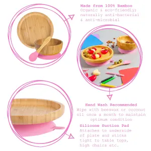 Tiny Dining - Round Bamboo Suction Baby Feeding Set - Pink - 4pc