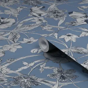 Laura Ashley Summerhill Midnight Blue Floral Smooth Wallpaper Sample