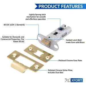 XFORT 2 Pack 65mm Polished Brass Tubular Latch Mortice Door Latch