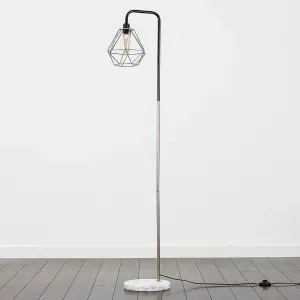 ValueLights Black/Chrome Metal & White Marble Base Floor Lamp With Grey Metal Basket Cage Shade And 4w LED Bulb In Warm White