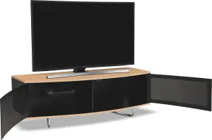 Centurion Supports Caru Gloss Black and Oak Beam-Thru Remote Friendly Contemporary "D" Shape Design up to 65" TV Cabinet