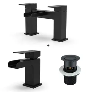 Matte Black Waterfall Basin Sink Mono Tap & Bath Shower Mixer With Handset Kit & Waste