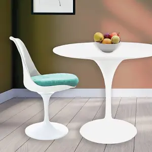 Tulip Set - White Medium Circular Table and Two Chairs with Luxurious Cushion Turquoise