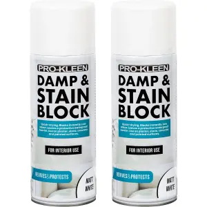 Pro-Kleen Damp & Stain Block Spray Primer - Covers Damp, Mould, Grease & Rust Stains 500ml x2